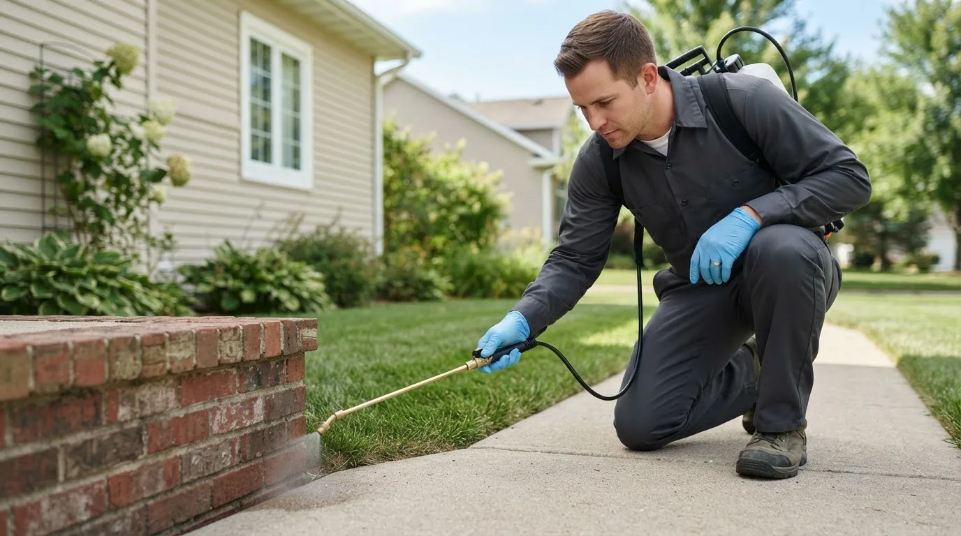 Pest control technician treating a home near Newfield, NY