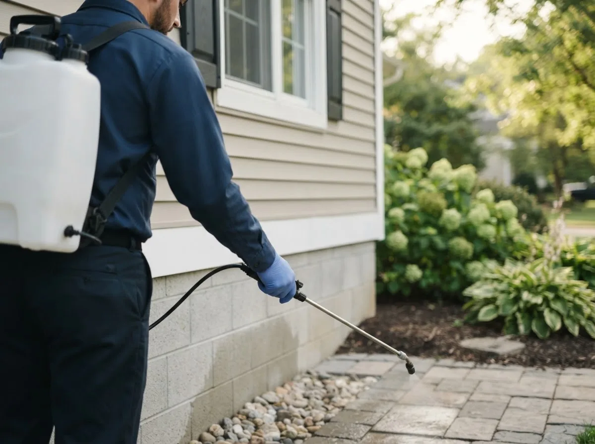 Pest control technician inspecting a home in Newfield, NY